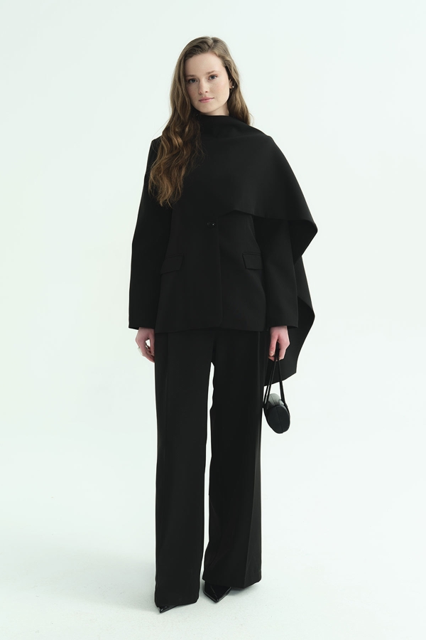 Hooopstore - Pelerin Detaylı Siyah Blazer Ceket