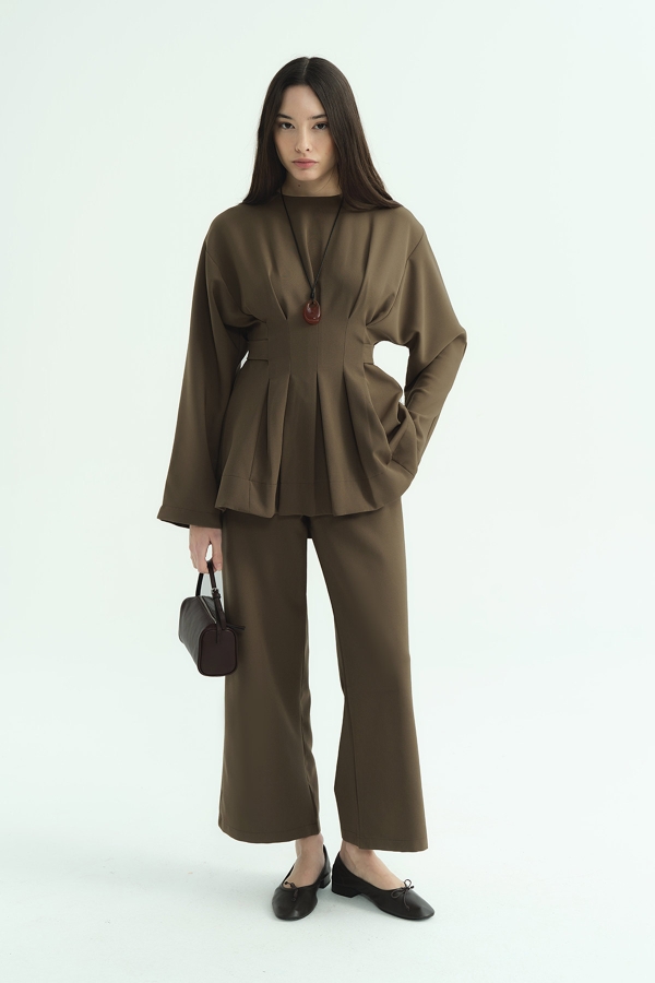 Hooopstore - Pile Detaylı Bluz Haki Pantolon Takım