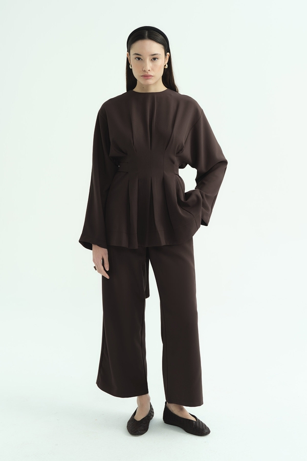 Hooopstore - Pile Detaylı Bluz Kahve Pantolon Takım