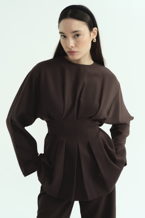 Pile Detaylı Bluz Kahve Pantolon Takım (1)