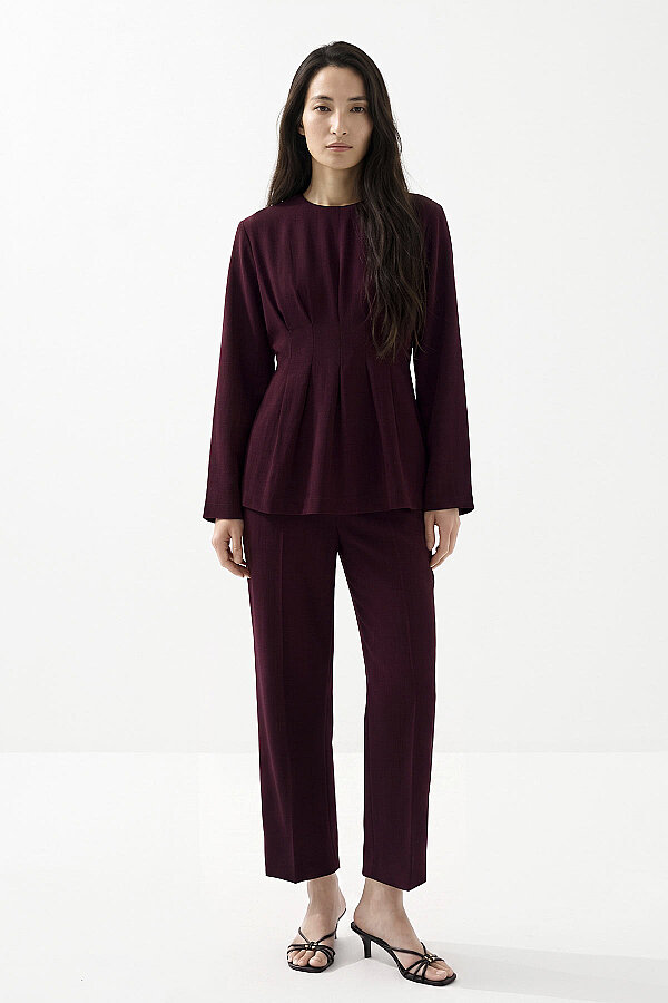 Pile Detaylı Bordo Bluz Pantolon Takım · 2