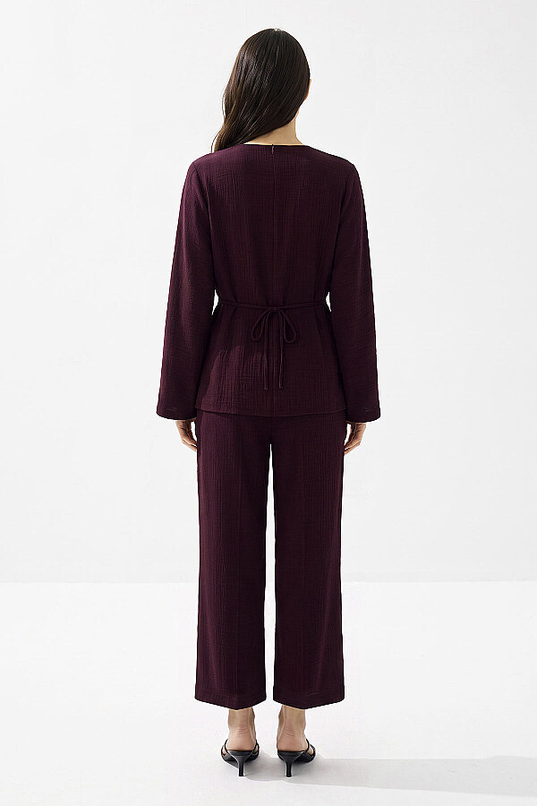 Pile Detaylı Bordo Bluz Pantolon Takım · 3