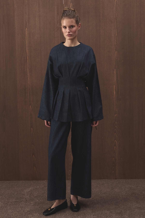 Hooopstore - Pile Detaylı Denim Lacivert Bluz