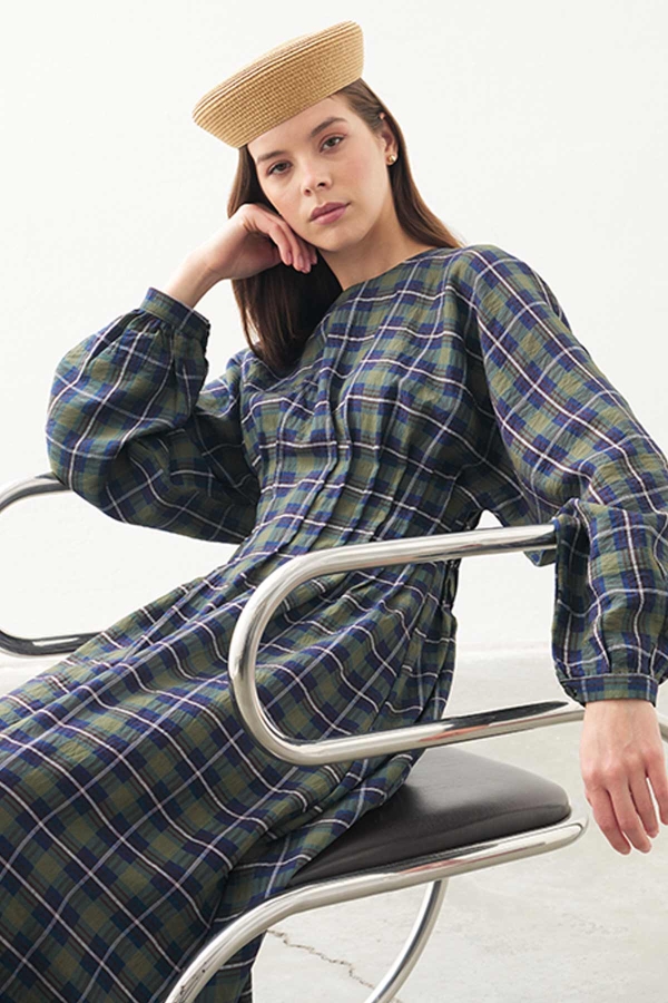 Hooopstore - Pile Detaylı Ekose Haki Elbise