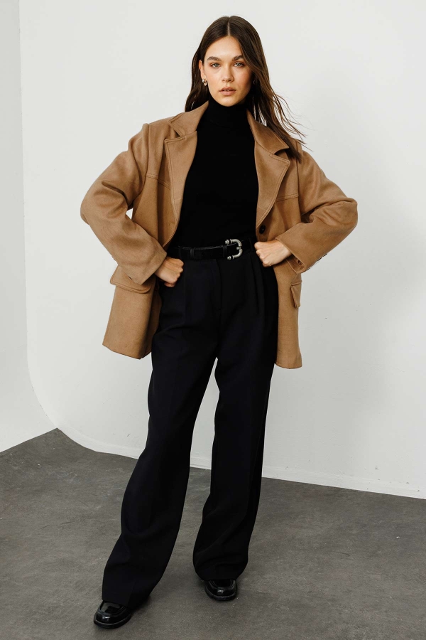 Hooopstore - Pile Detaylı Siyah Palazzo Pantolon