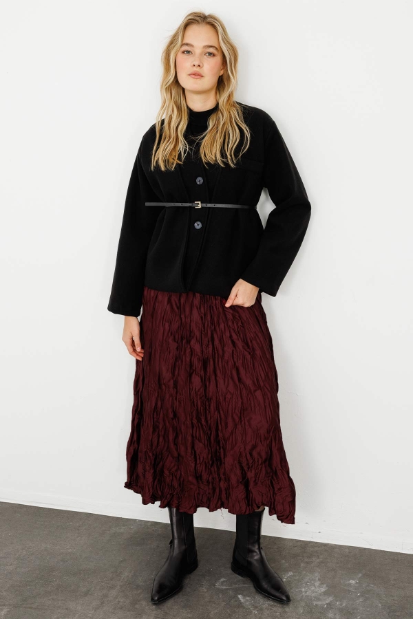 Hooopstore - Pile Kırınkıl Bordo Saten Etek