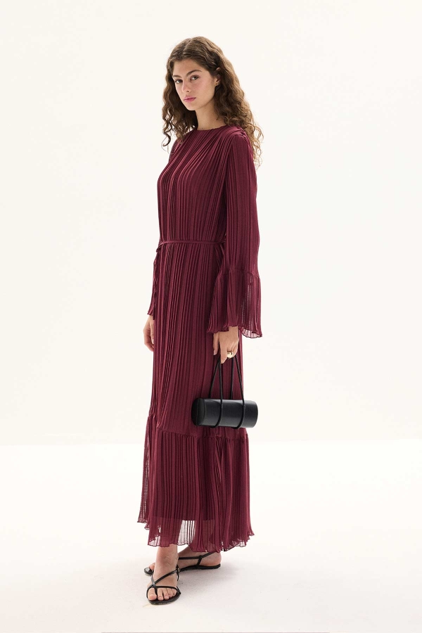Pilise Detaylı Rahat Form Bordo Elbise · 3