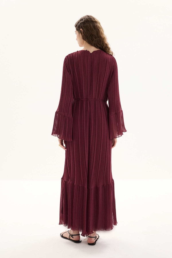 Pilise Detaylı Rahat Form Bordo Elbise · 6