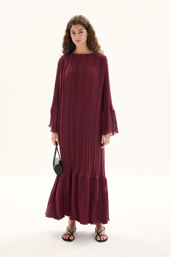 Pilise Detaylı Rahat Form Bordo Elbise · 4