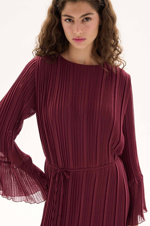 Pilise Detaylı Rahat Form Bordo Elbise · 5