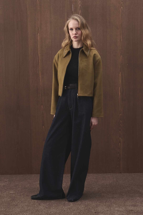 Hooopstore - Premium Kısa Süet Haki Ceket