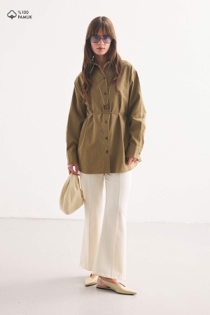 Premium Pamuk Oversize Olive Gömlek (1)