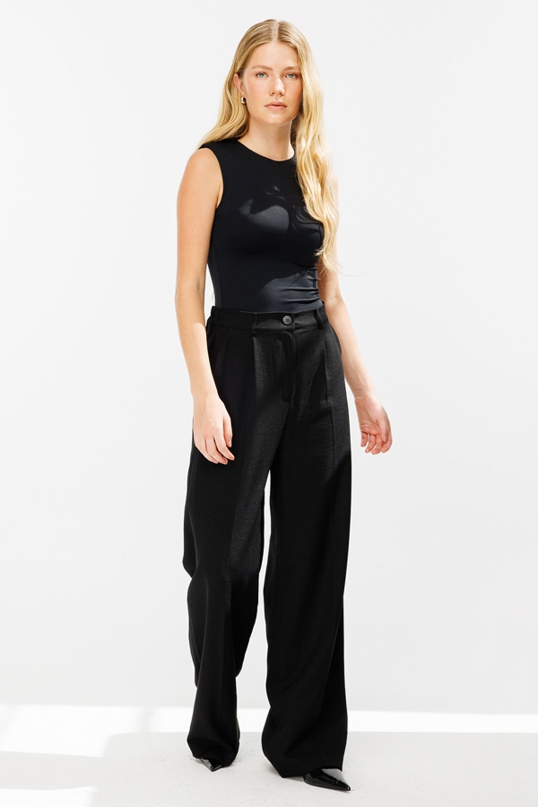 Hooopstore - Premium Pileli Palazzo Siyah Pantolon