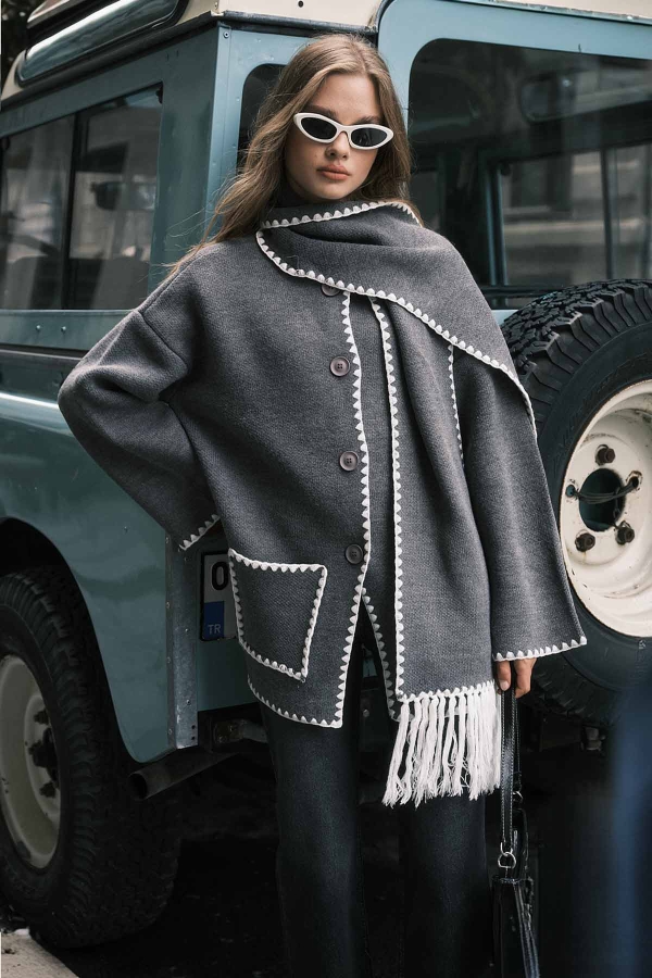 Hooopstore - Şal Yaka Biyeli Triko Antrasit Hırka