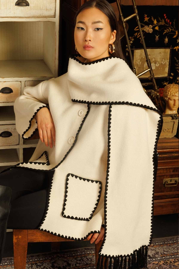 Hooopstore - Şal Yaka Biyeli Triko Hırka - Ekru