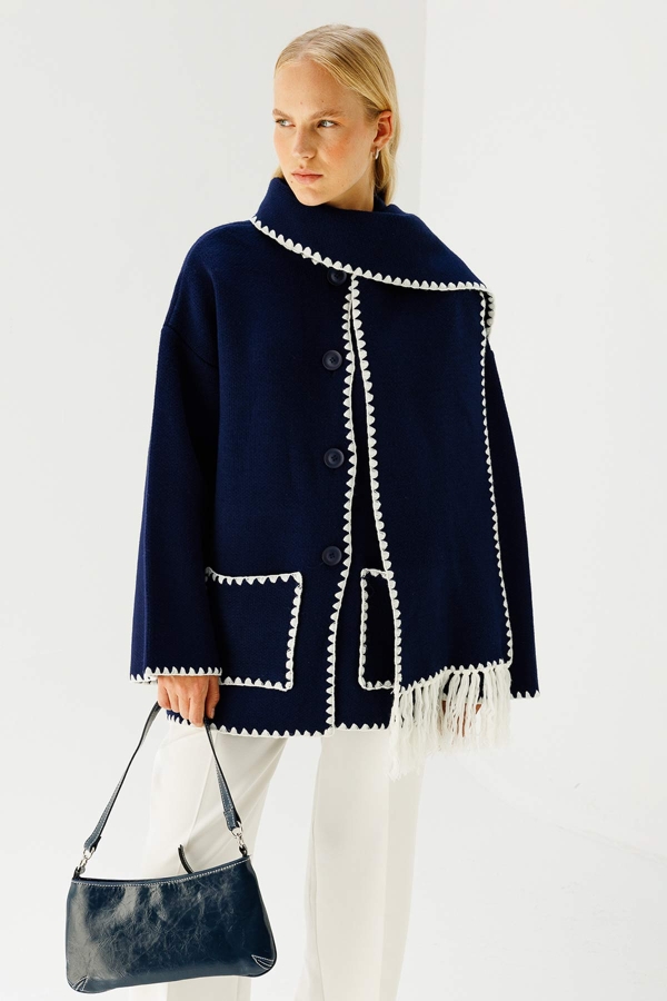 Hooopstore - Şal Yaka Biyeli Triko Hırka - Lacivert