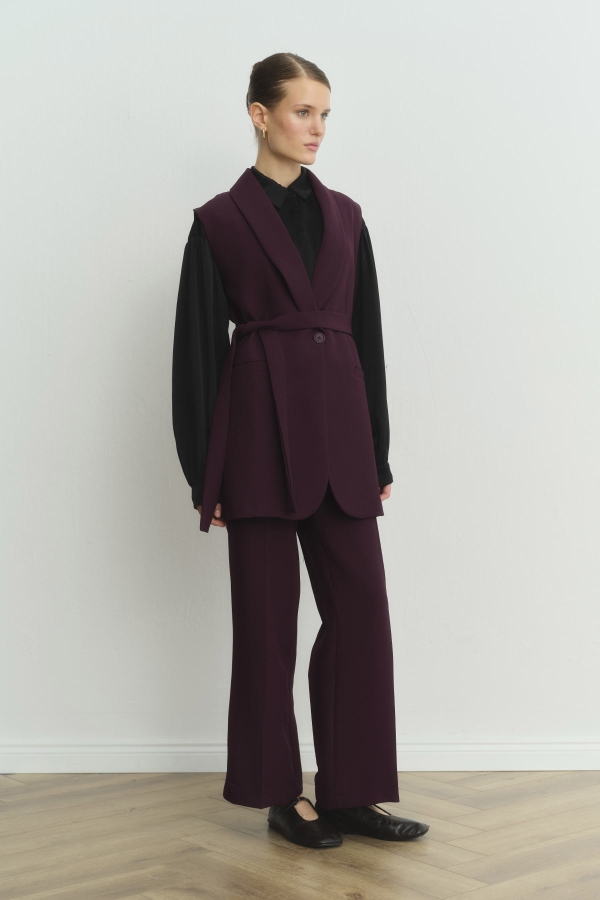 Hooopstore - Şal Yaka Yelekli Bordo Krep Takım