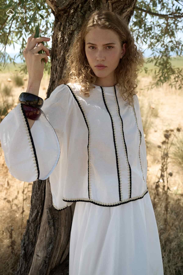 Hooopstore - Şerit İşleme Detaylı Vual Ekru Etekli Takım