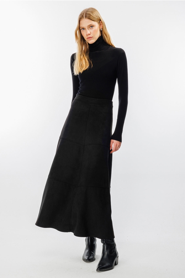 Suede Süet Siyah Uzun Etek - Hooopstore