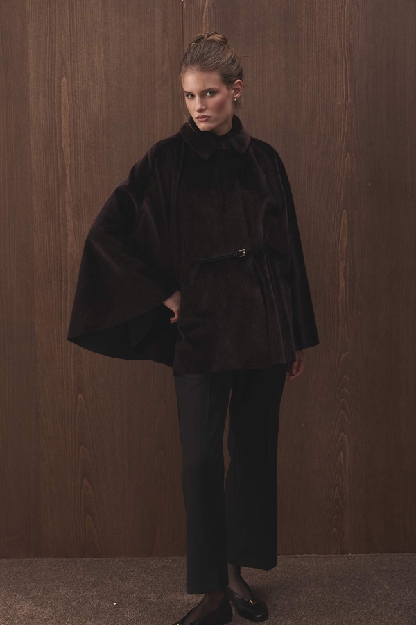 Hooopstore - Süet Kemer Detaylı Pelerin Kahve Kaban