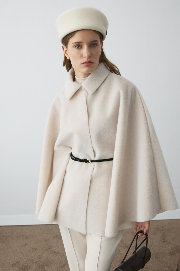 Hooopstore - Süet Kemer Detaylı Pelerin Taş Kaban