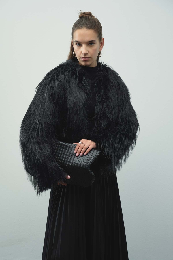 Hooopstore - Suni Kürk Kısa Siyah Ceket