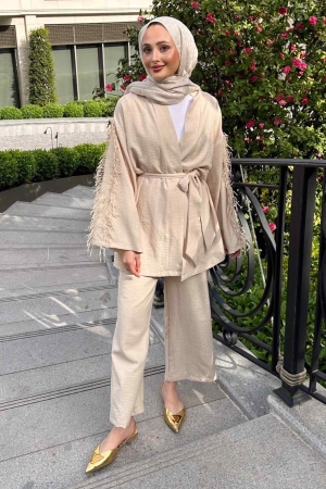 Süs Şeritli Kimono Takım - Taş