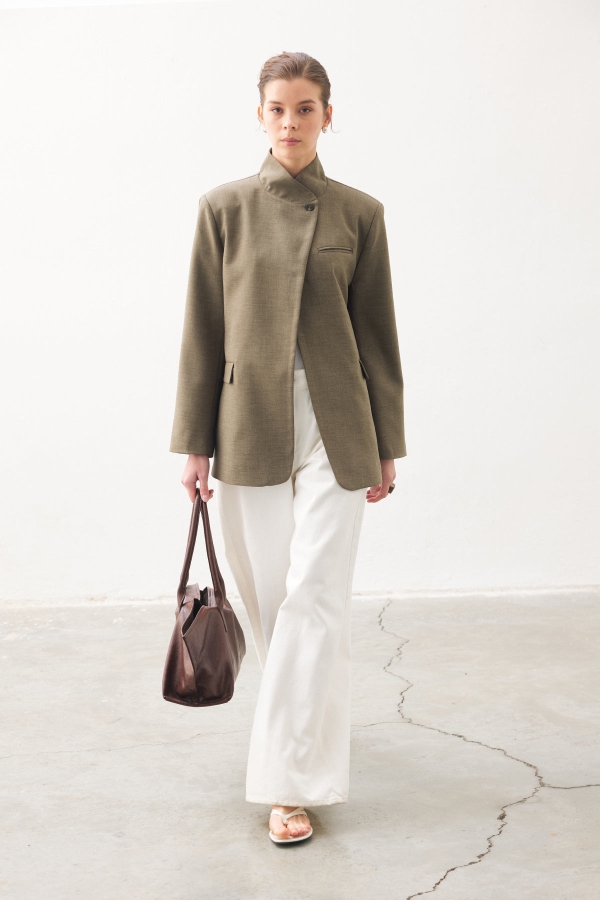 Hooopstore - Tek Düğmeli Dik Yaka Blazer Vizon Ceket