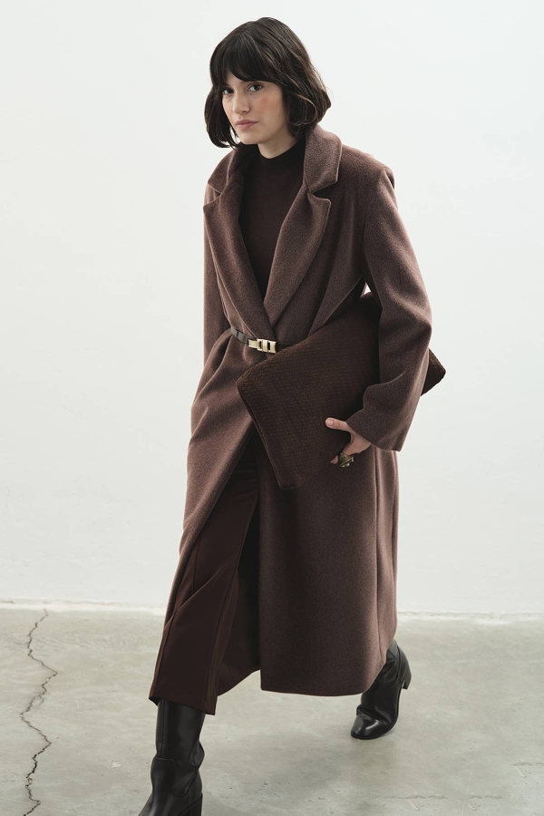 Hooopstore - Uzun Kruvaze Kaşe Kahve Kaban