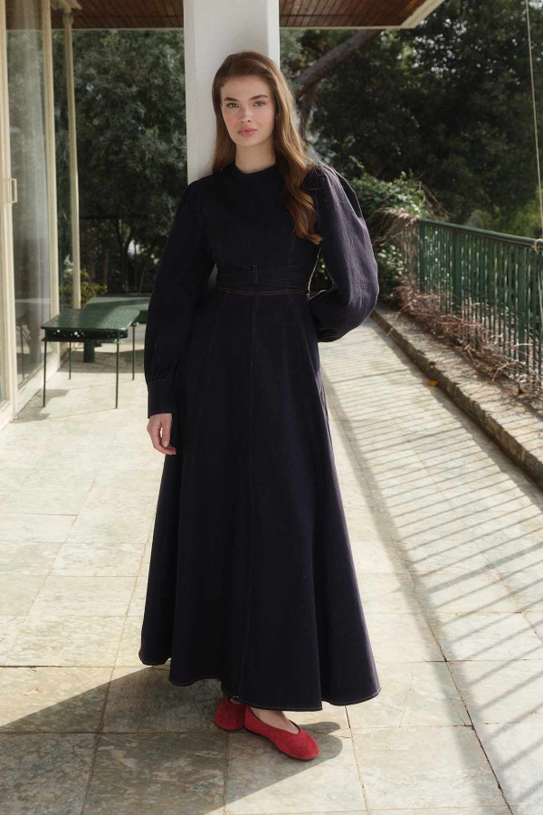 Hooopstore - Vera Bağlama İp Detaylı Denim Lacivert Elbise