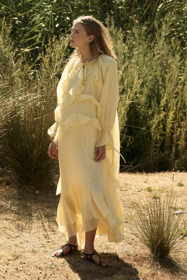 Hooopstore - Volan Detaylı Butter Yellow Elbise