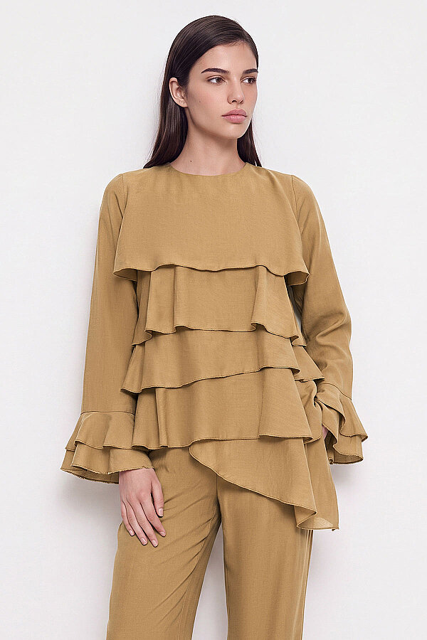 Volanlı Camel Bluz Pantolon Takım · 2