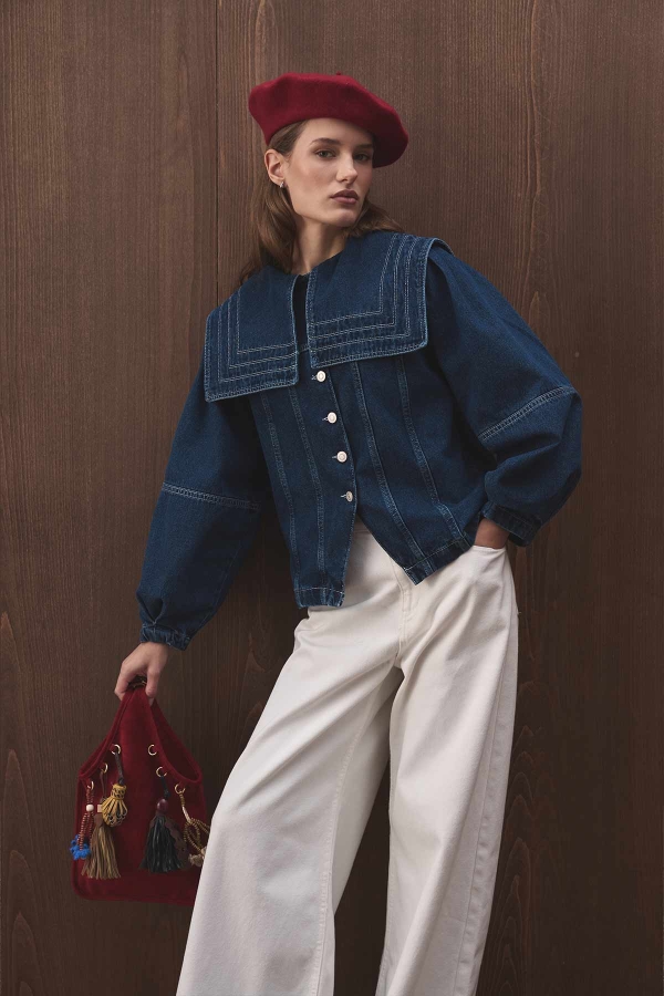 Hooopstore - Yakalı Denim Kot Mavi Ceket