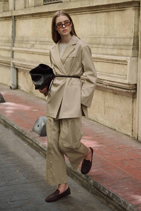 Hooopstore - Yandan Yırtmaçlı Oversize Kum Beji Blazer