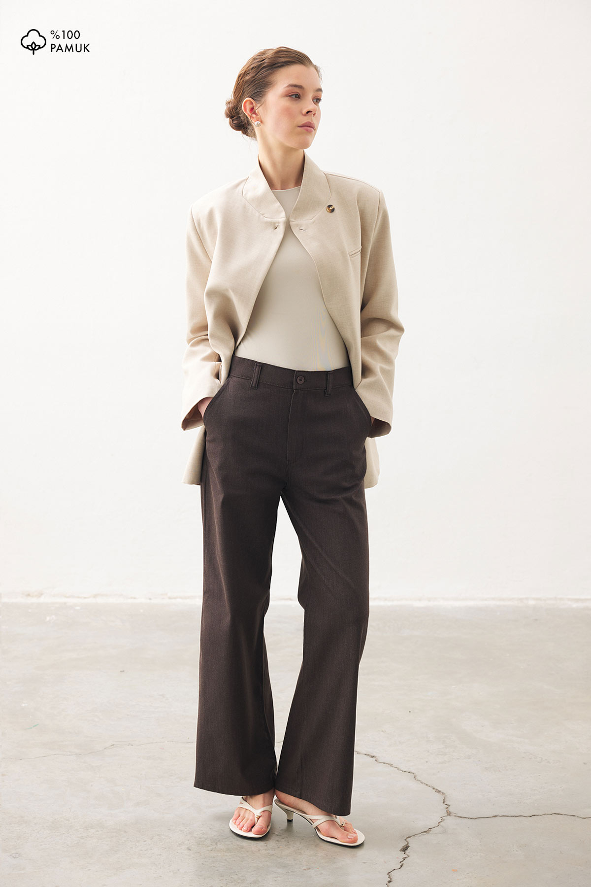 Yüksek Bel Minimal Denim Kahve Pantolon