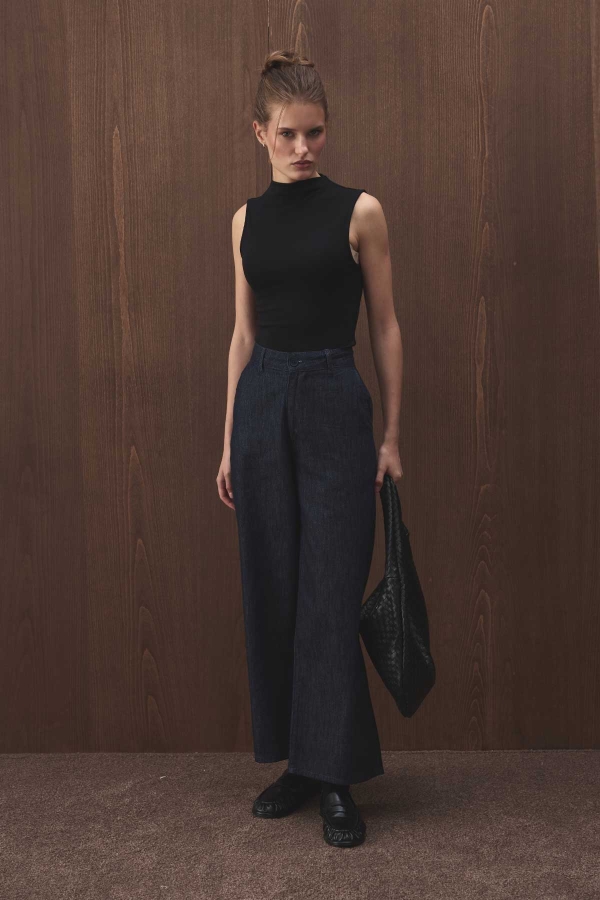 Hooopstore - Yüksek Bel Minimal Denim Lacivert Pantolon